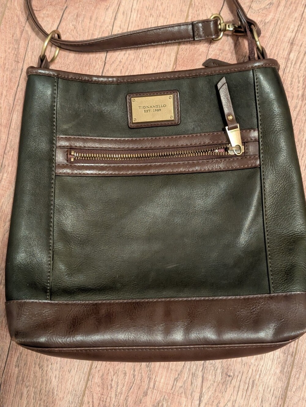 Tignanello Olive Green and Brown Leather Messenger Bag, 11 X 11